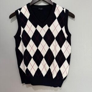 J Galt Argyle Sweater Vest Black White Red V Neck Knit academia S